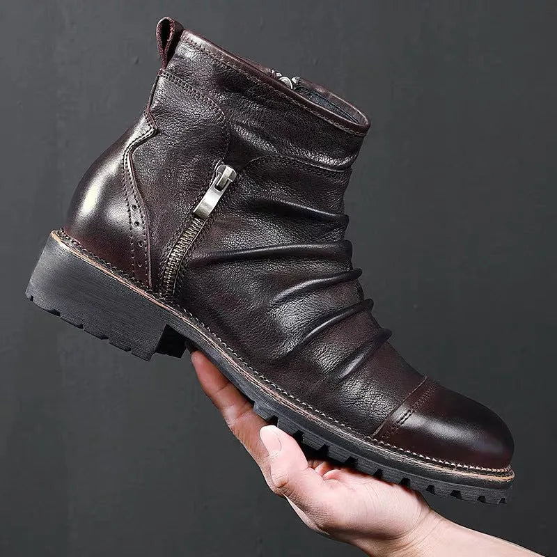 Men's black artificial PU leather cowboy boots with side zipper and round toe.