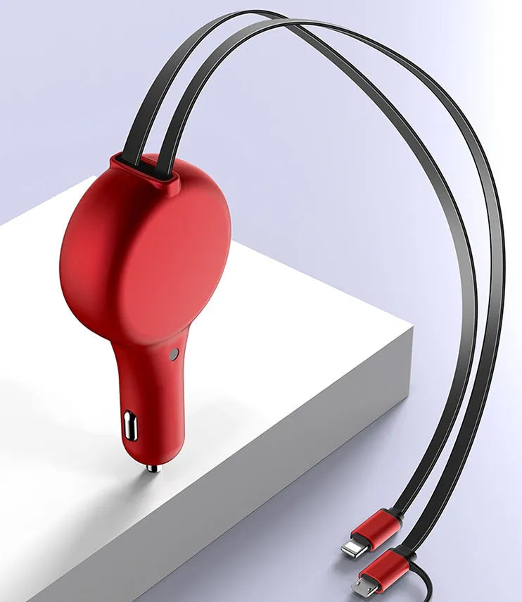 Retractable car charger with dual USB ports showing extended cable in black colour option