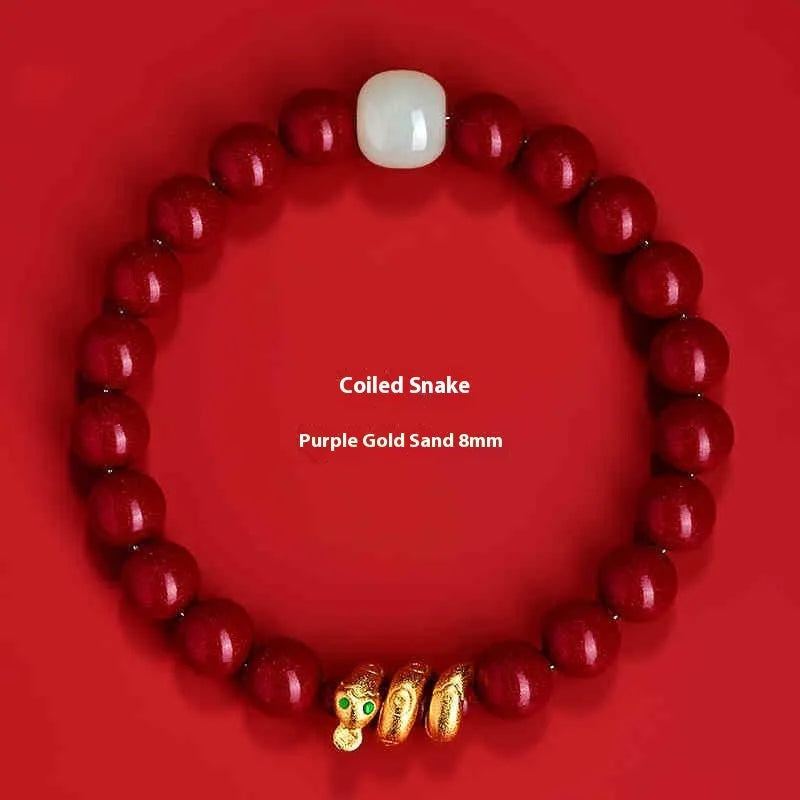 Handmade cinnabar snake zodiac bracelet in traditional Chinese style with purple gold sand beads