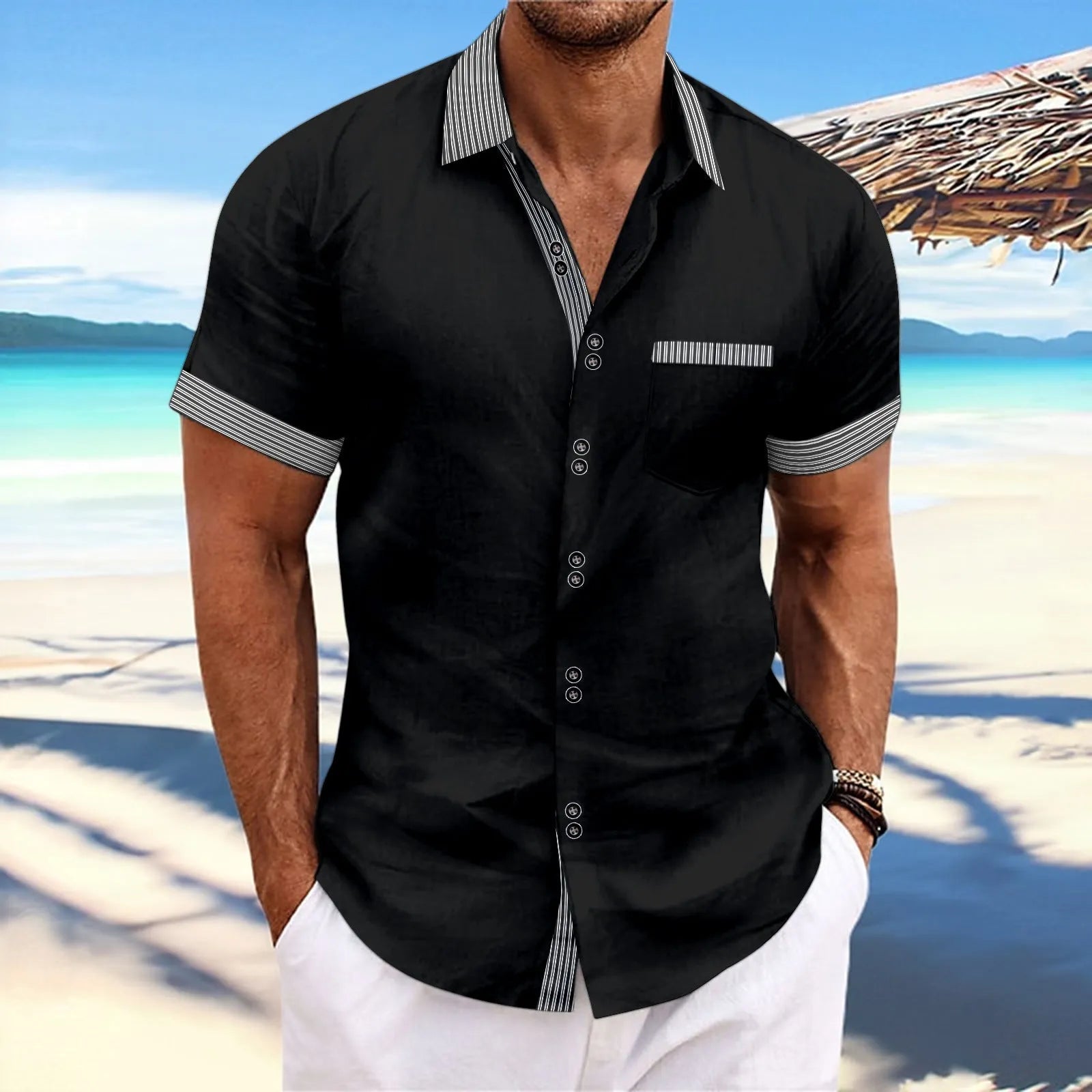 Men's pure cotton slim fit striped short sleeve casual shirt with double button design