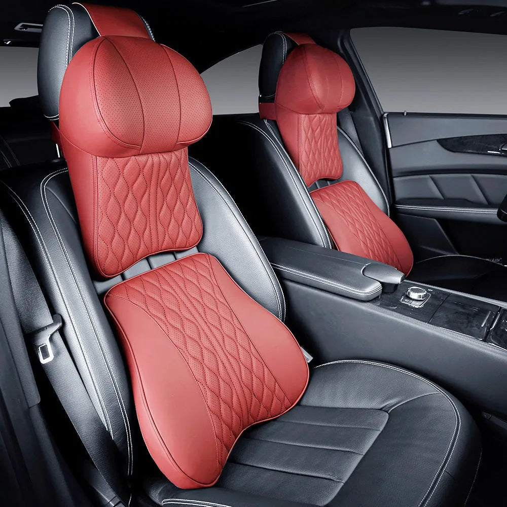 Leather embossed lumbar support pillow and matching headrest car cushion set