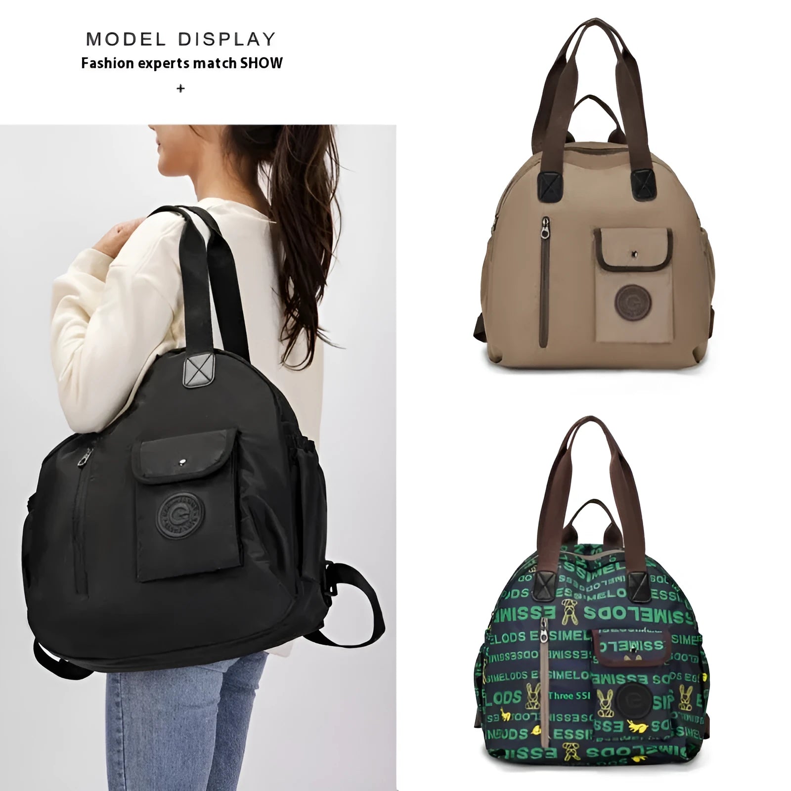 Large lightweight outdoor backpack in black, khaki, or green with rabbit print, showing front sandwich pocket.
