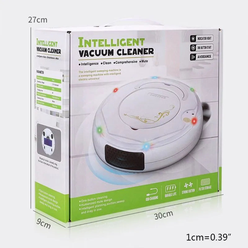 Blue smart vacuum cleaner robot on a tiled floor with charging cable and brush accessories.