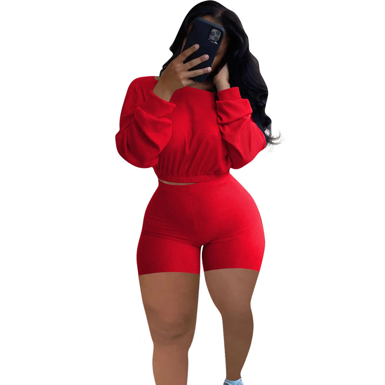 Women's off-the-shoulder two-piece set with sunken stripe pattern in solid colour with long sleeves and shorts
