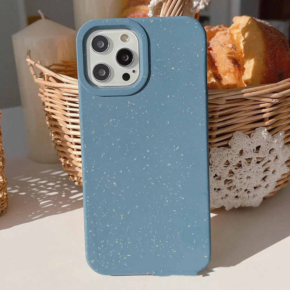 Fully degradable wheat straw fibre phone case for iPhone on a white background.