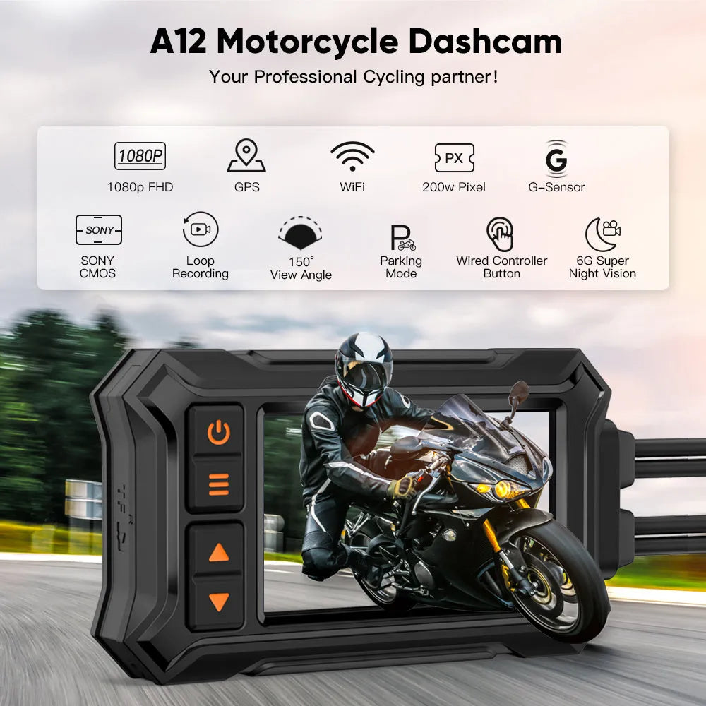 Motorcycle GPS video recorder with dual lens in waterproof housing for 1080P recording