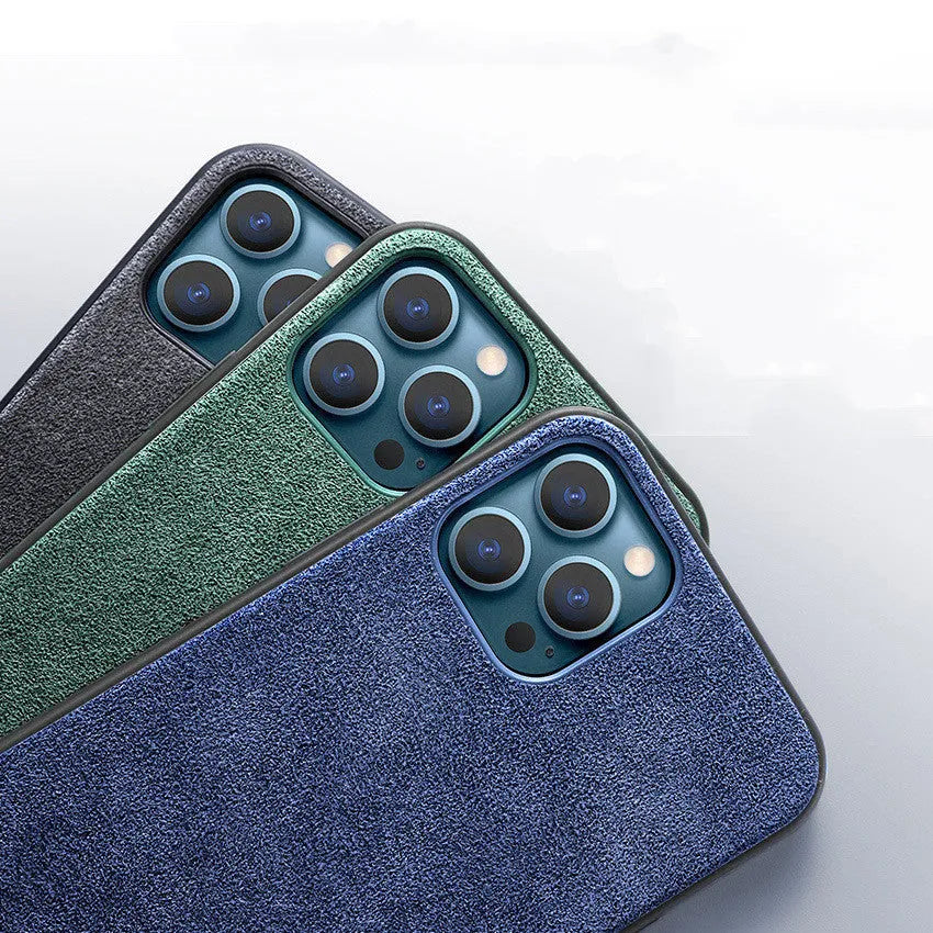 Suede full-cover phone case for iPhone in dark blue, dark night green, or elegant black.