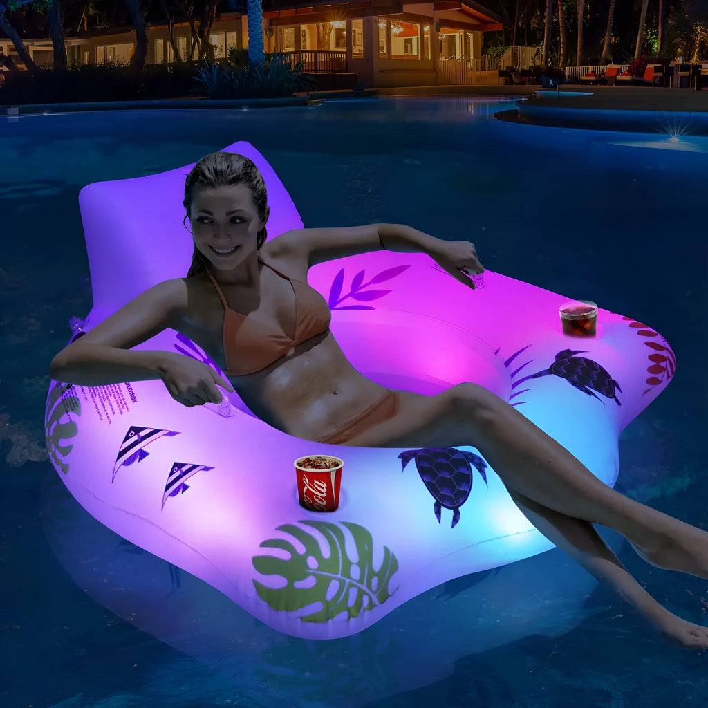 White U-shaped inflatable float with luminous features floating in water