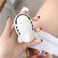 Silicone AirPods protective case with flip-top design, cartoon airplane graphics, and integrated carrying hook