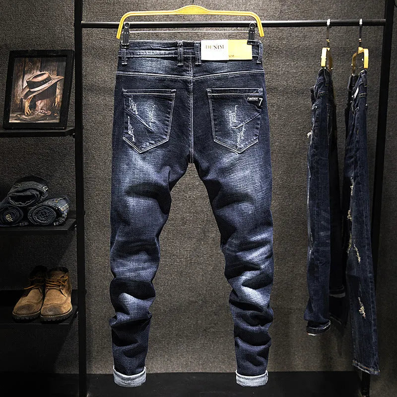 Men's slim fit skinny jeans in dark blue cotton denim with micro elastic fabric