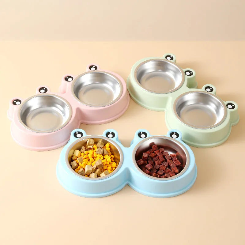 Stainless steel double pet bowl set with frog-shaped non-skid base in blue colour