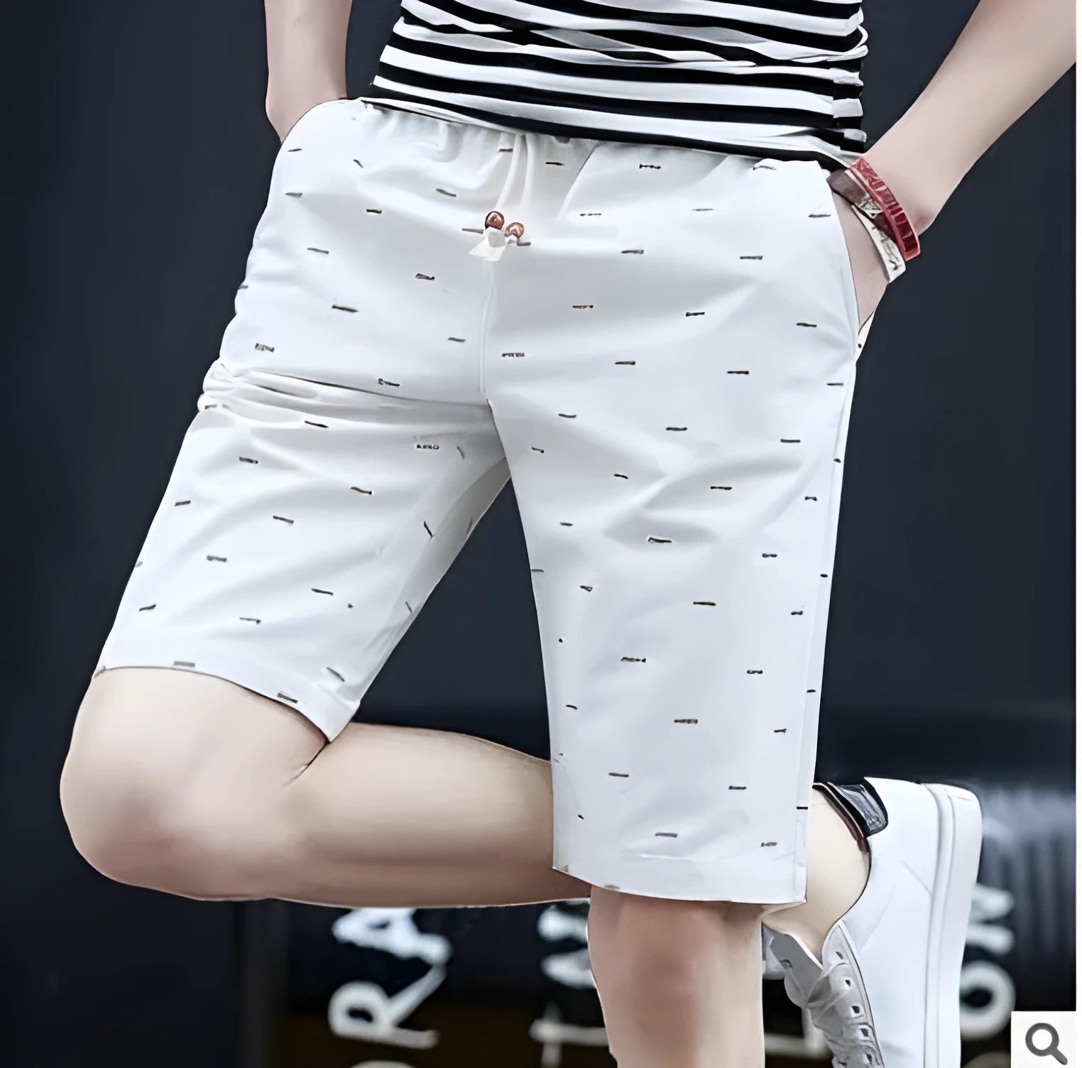 Men's middle-waisted cotton summer shorts with lace-up placket in seven colour options
