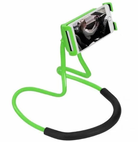 Universal white phone neck holder with 360-degree rotating clamp mounted on a smartphone