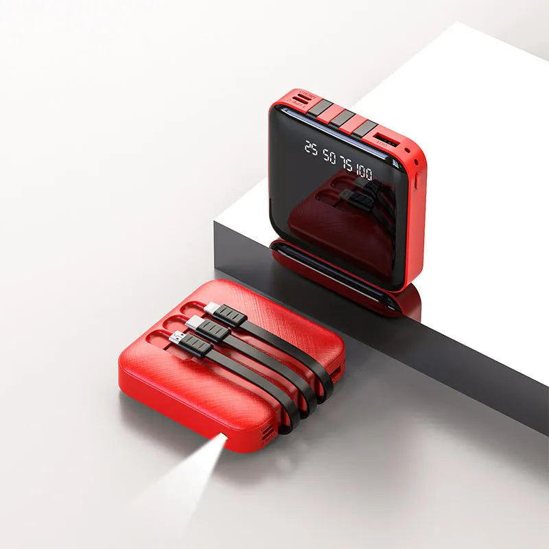 Black or red power bank with built-in charging cable showing compact 80mm square design