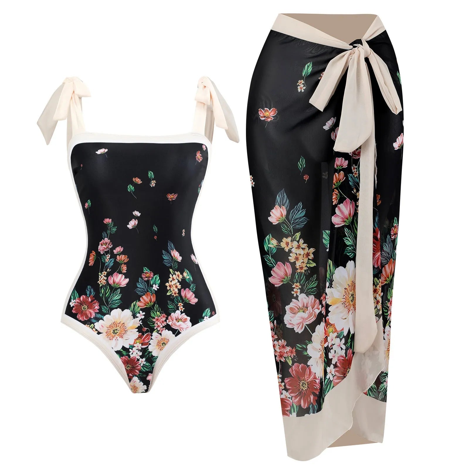 Women's retro floral one-piece swimsuit with chiffon skirt in yellow and black feather patterns