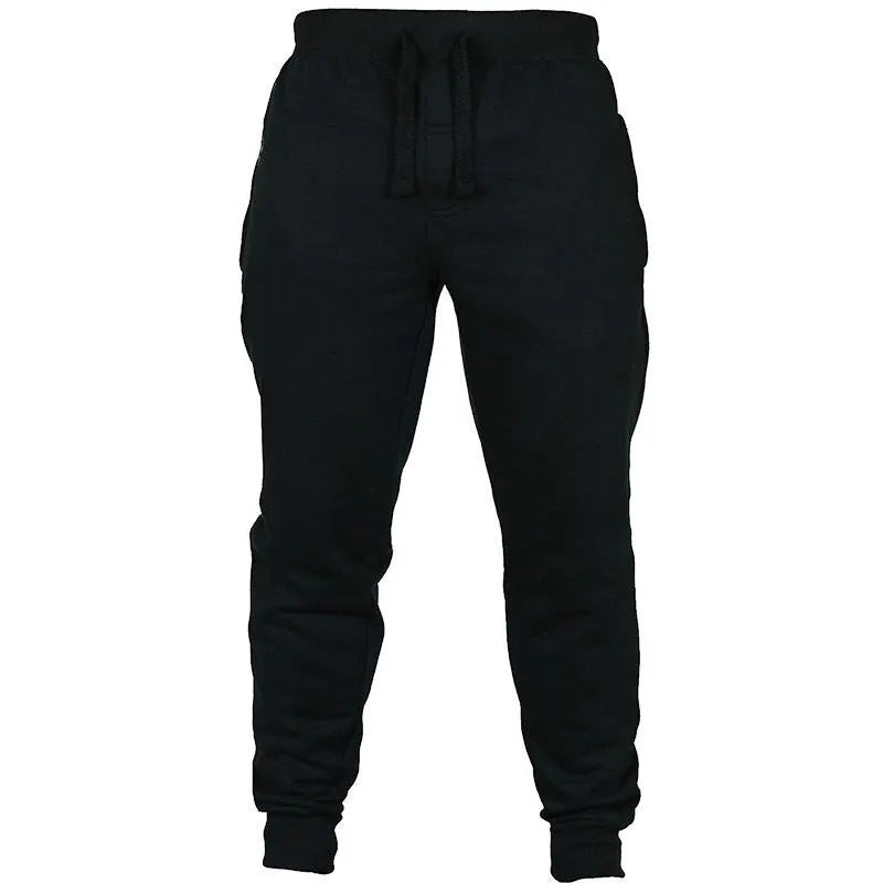 Men's black fleece drawstring casual pants with loose fit and elasticated waistband