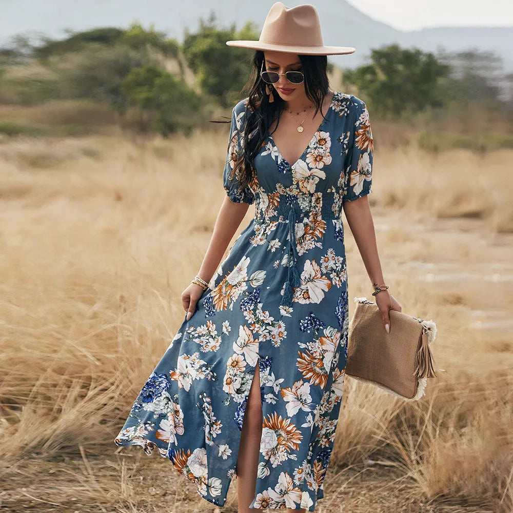 Floral print summer dress with V-neck and elastic high waist in yellow colour