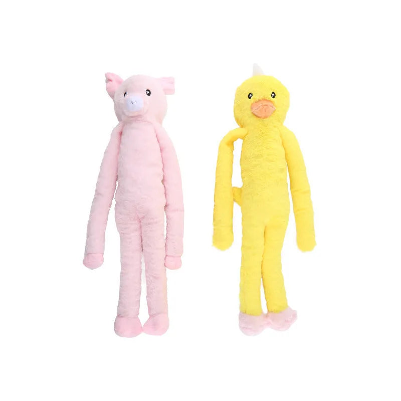 Large pink plush dog chew toy with rattle sound element for golden retriever size breeds