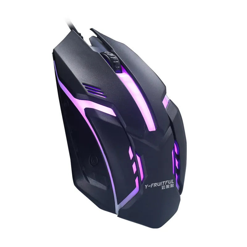 Wired black and white luminous computer mouse with USB cable on desktop