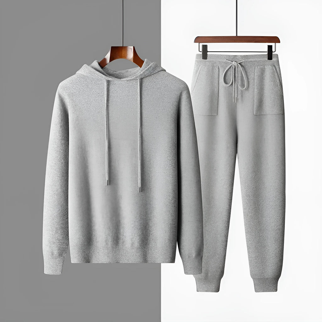 Men's light grey cashmere hooded sweatshirt and matching joggers set for winter casual wear