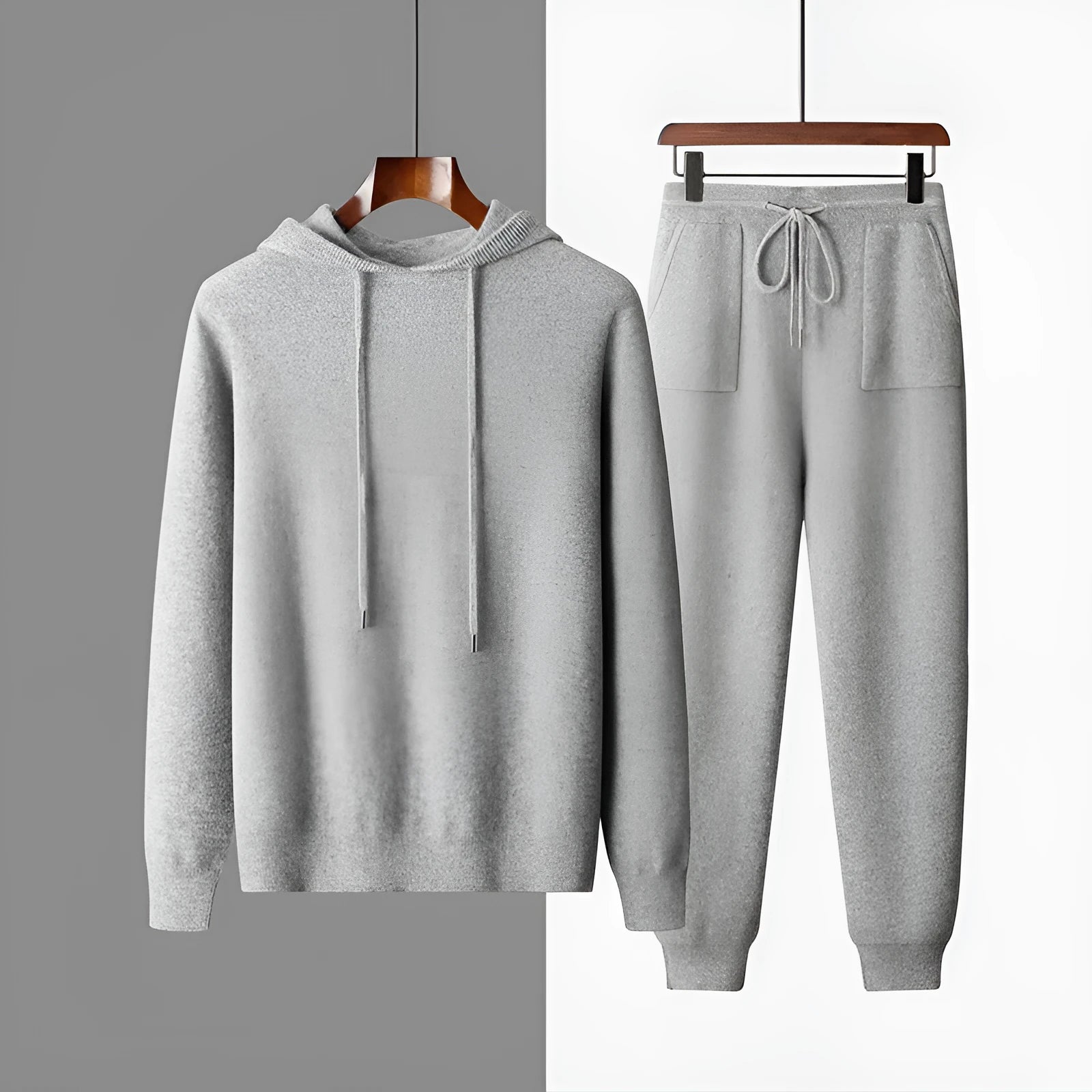 Men's light grey cashmere hooded sweatshirt and matching joggers set for winter casual wear