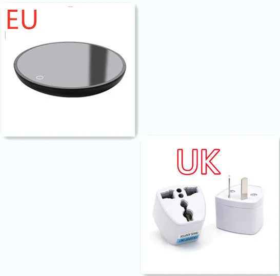 Black coffee mug warmer on desk showing 12cm diameter and low/high temperature switch