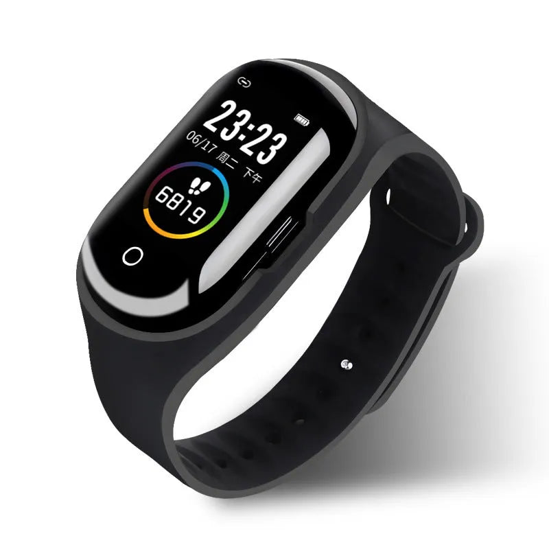 Smart bracelet with integrated wireless earphone in silicone wristband showing display screen and available in black, blue, or red colours
