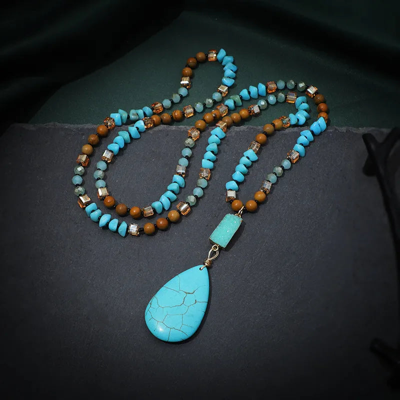 Blue turquoise drop pendant necklace on ball bead chain measuring 81cm