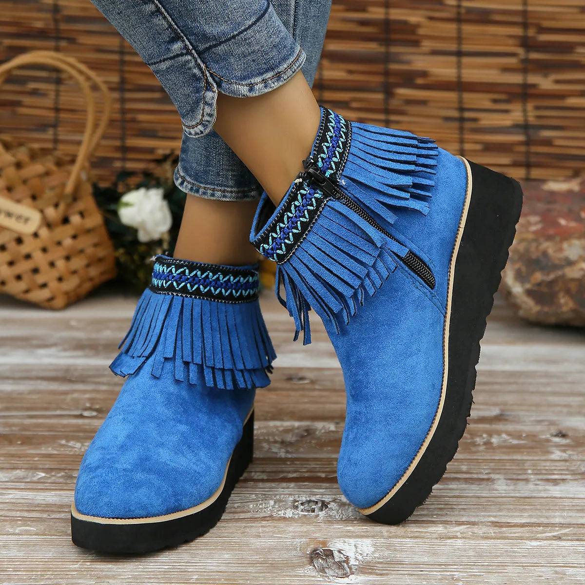Women's wedge boots with suede upper, waterproof platform, thick rubber sole, side zip, and tassel detail