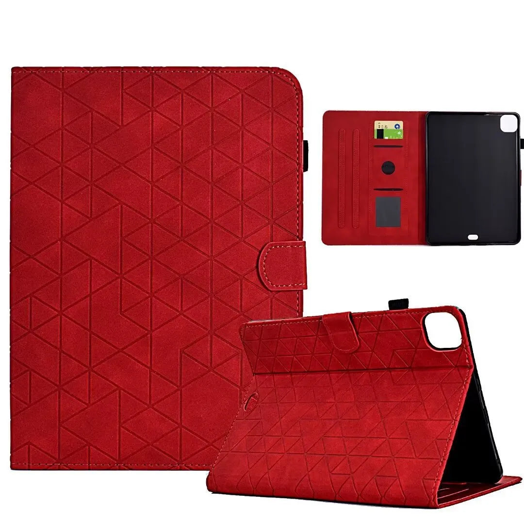 Leather tablet case for iPad Pro 11 with card slot and folded-out kickstand, shown in diamond black finish.