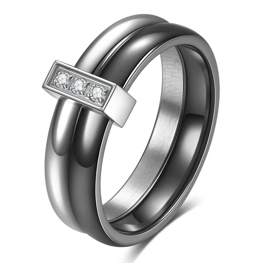 Zirconium ceramic women's ring with glossy stitching, 6MM wide band in steel black colour.