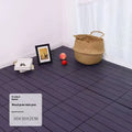 Pack of ten wood grain plastic interlocking floor tiles showing splicing edges.