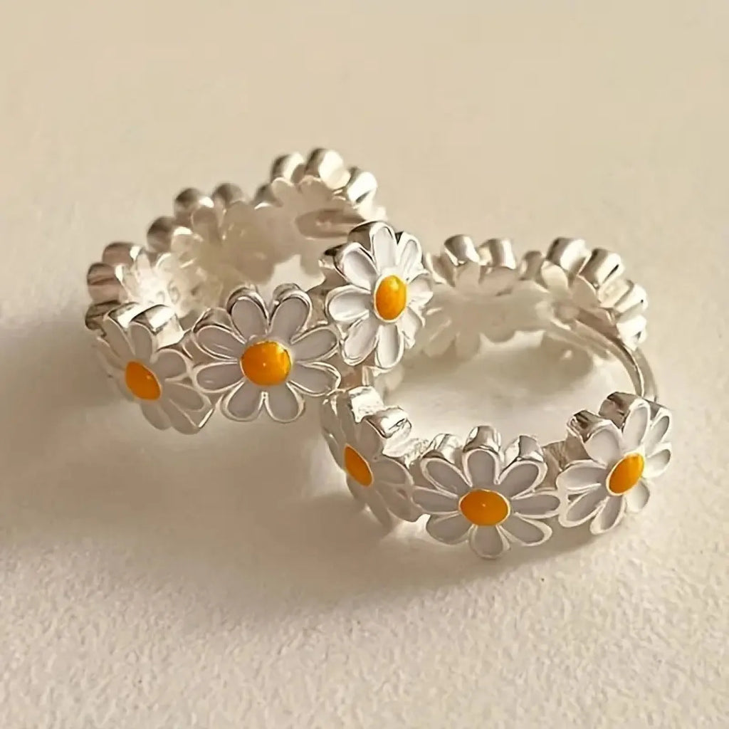 White daisy flower ring earrings with electroplated copper and gemstone settings