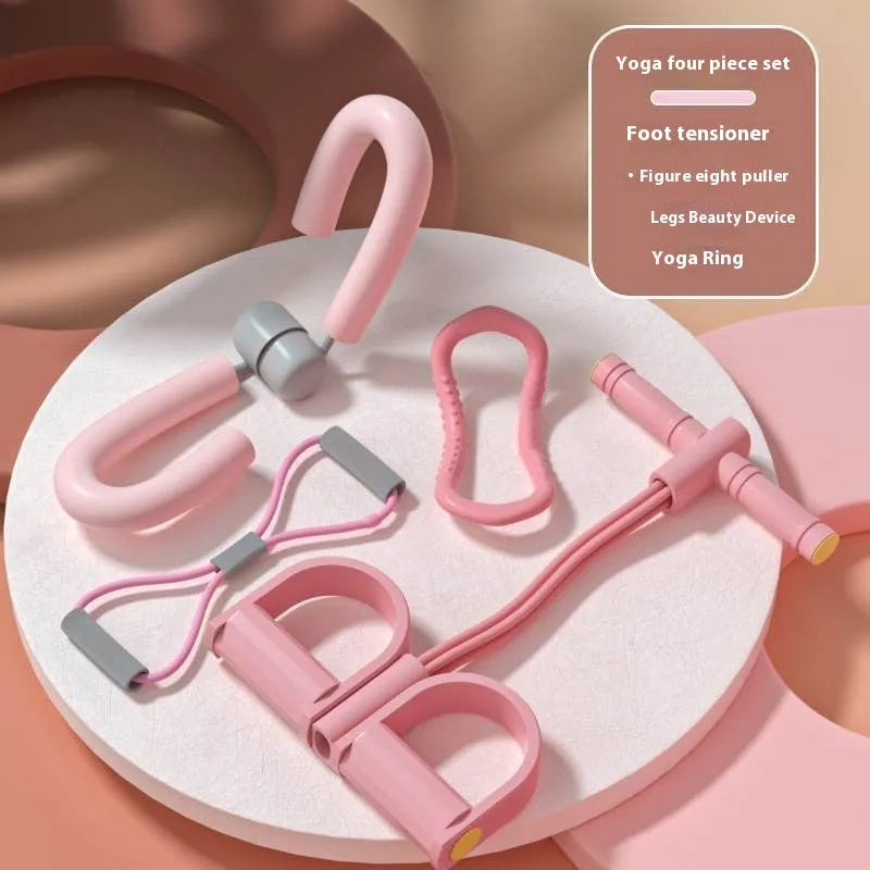 Yoga four-piece fitness set showing leg stretching device, yoga ring, pedal expander and figure eight tension rope