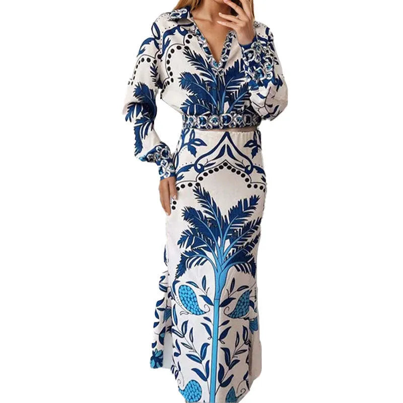 Women's polyester casual fashion set with long sleeves and long skirt in picture colour