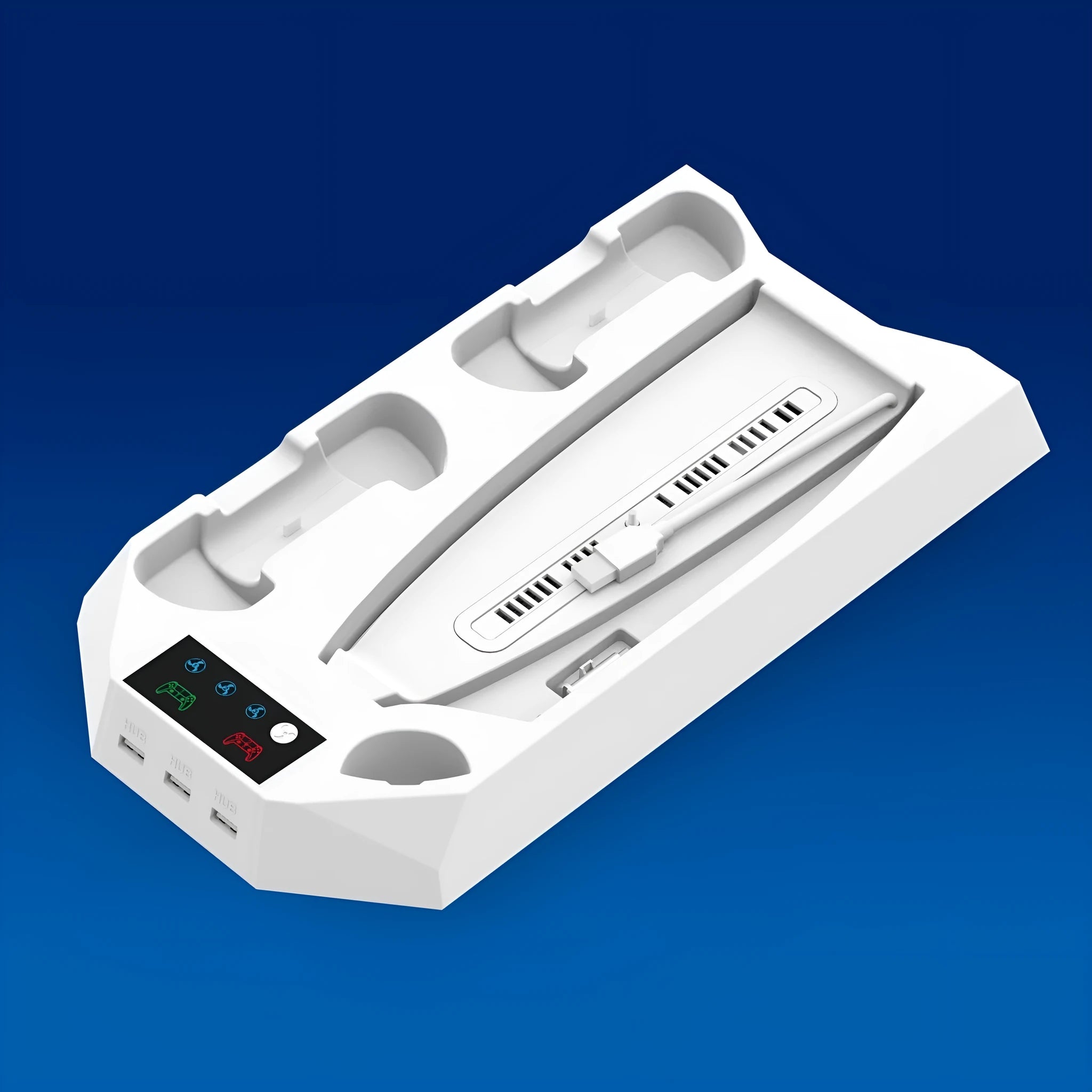 PS5 charging base radiator stand in black or white with USB port and earphone hook.