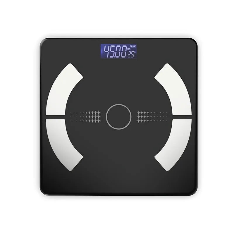 Smart Bluetooth rechargeable body fat scale in white, black or pink colours on bathroom floor