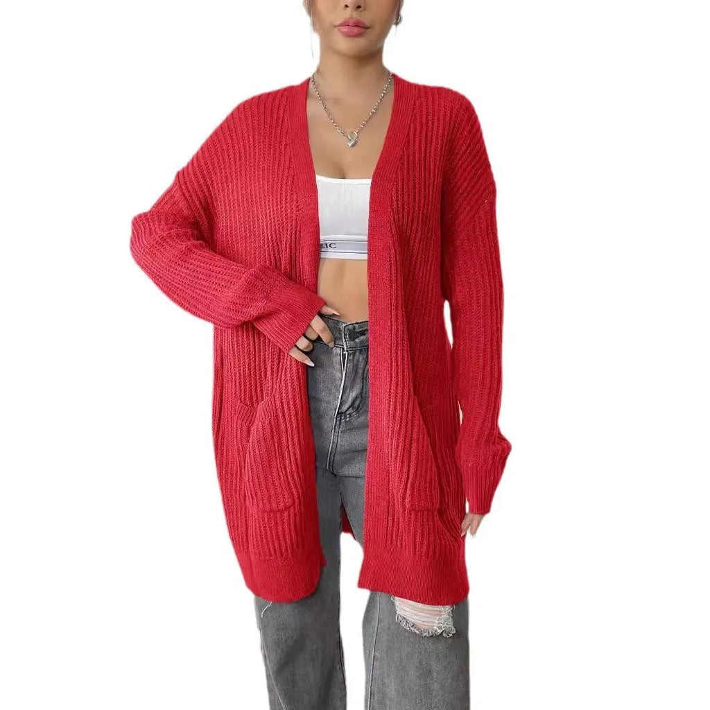 Women's double pocket casual cardigan sweater in dark green, loose mid-length fit.