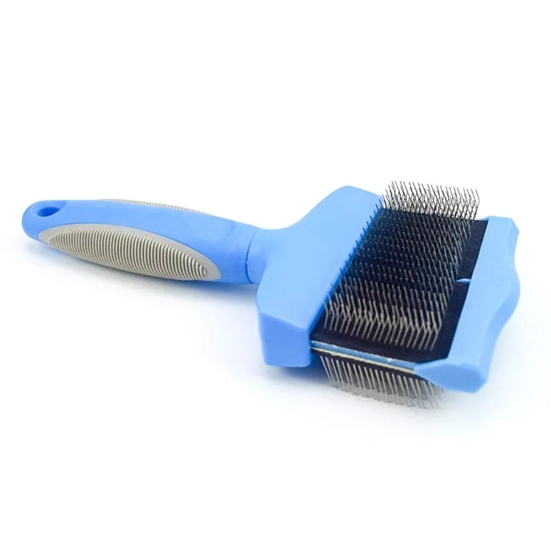 Double-sided pet grooming brush with stainless steel pins and blue ergonomic handle