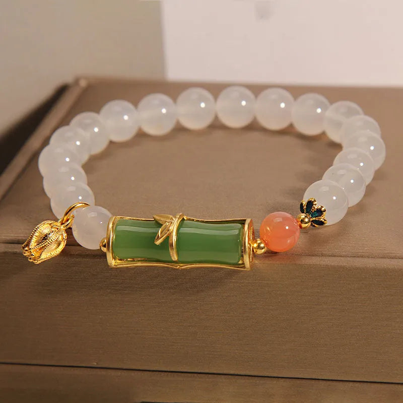 Women's jade bracelet with white agate stones in bamboo bead design