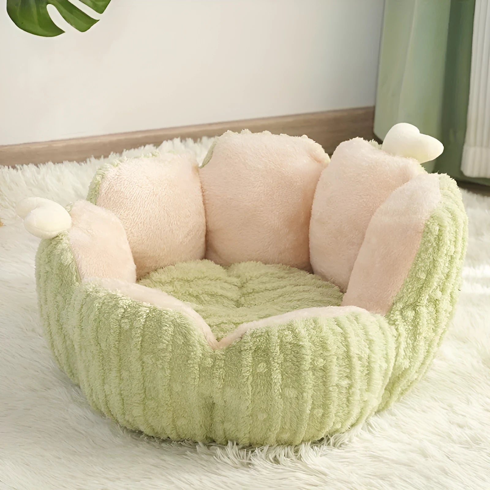 Green cactus-themed cat kennel with soft fleece lining, shown in large 60cm size.