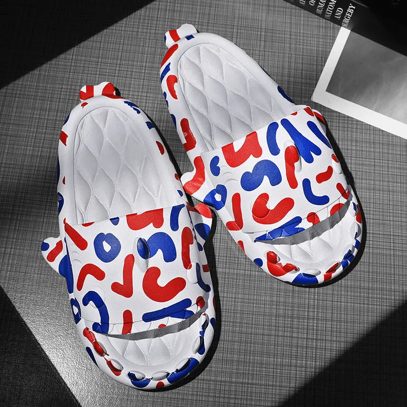 Shark design EVA open toe home slippers for men and women in various colours.
