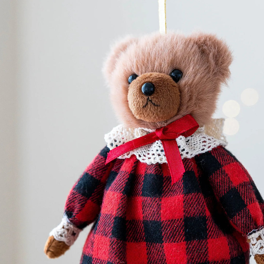 Plush bear doll wearing a cotton suit with a plaid body pattern in Princess or Gentleman style