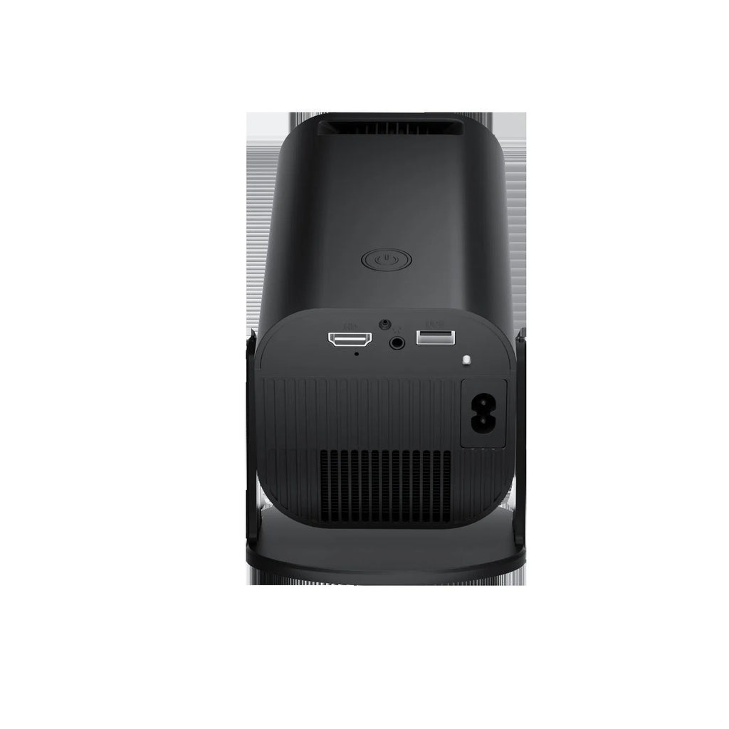Black P330 portable mini projector with remote control on table displaying HD projection
