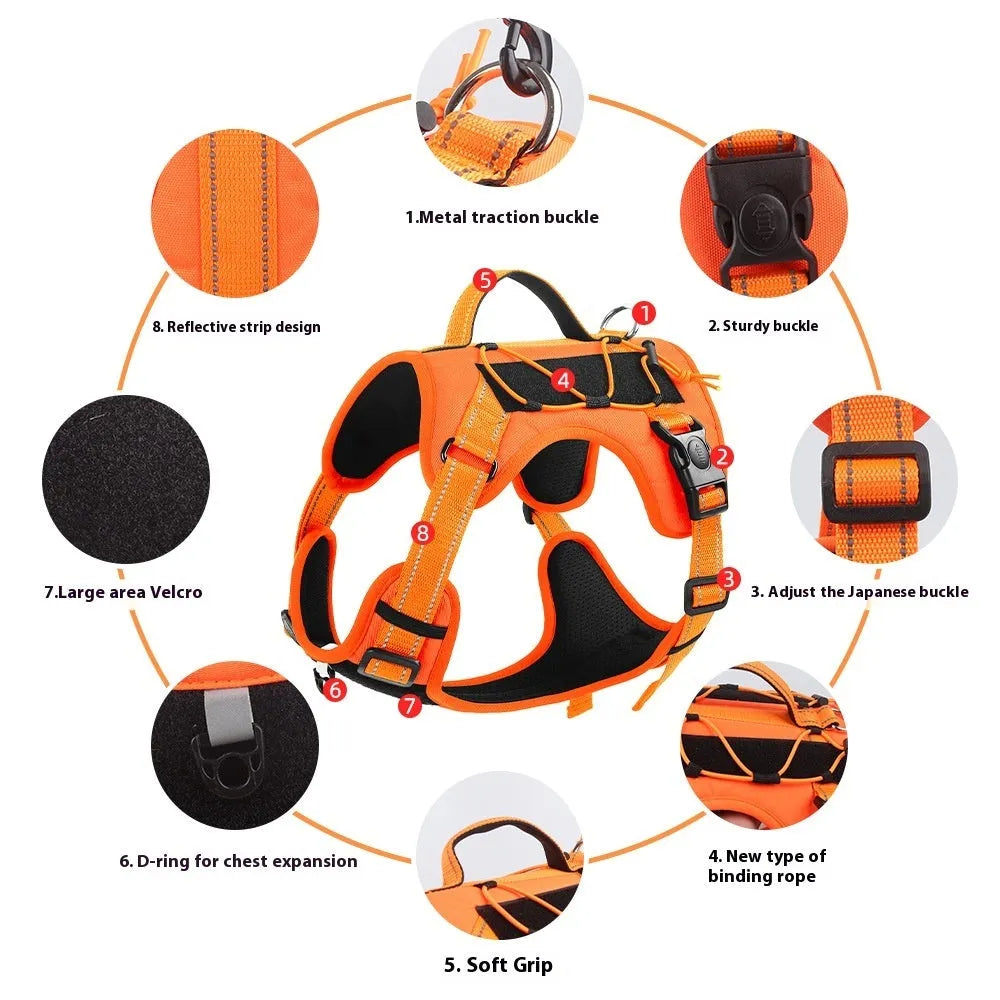 Orange reflective dog harness with a black integrated hand-holding rope, showing size adjustment straps.