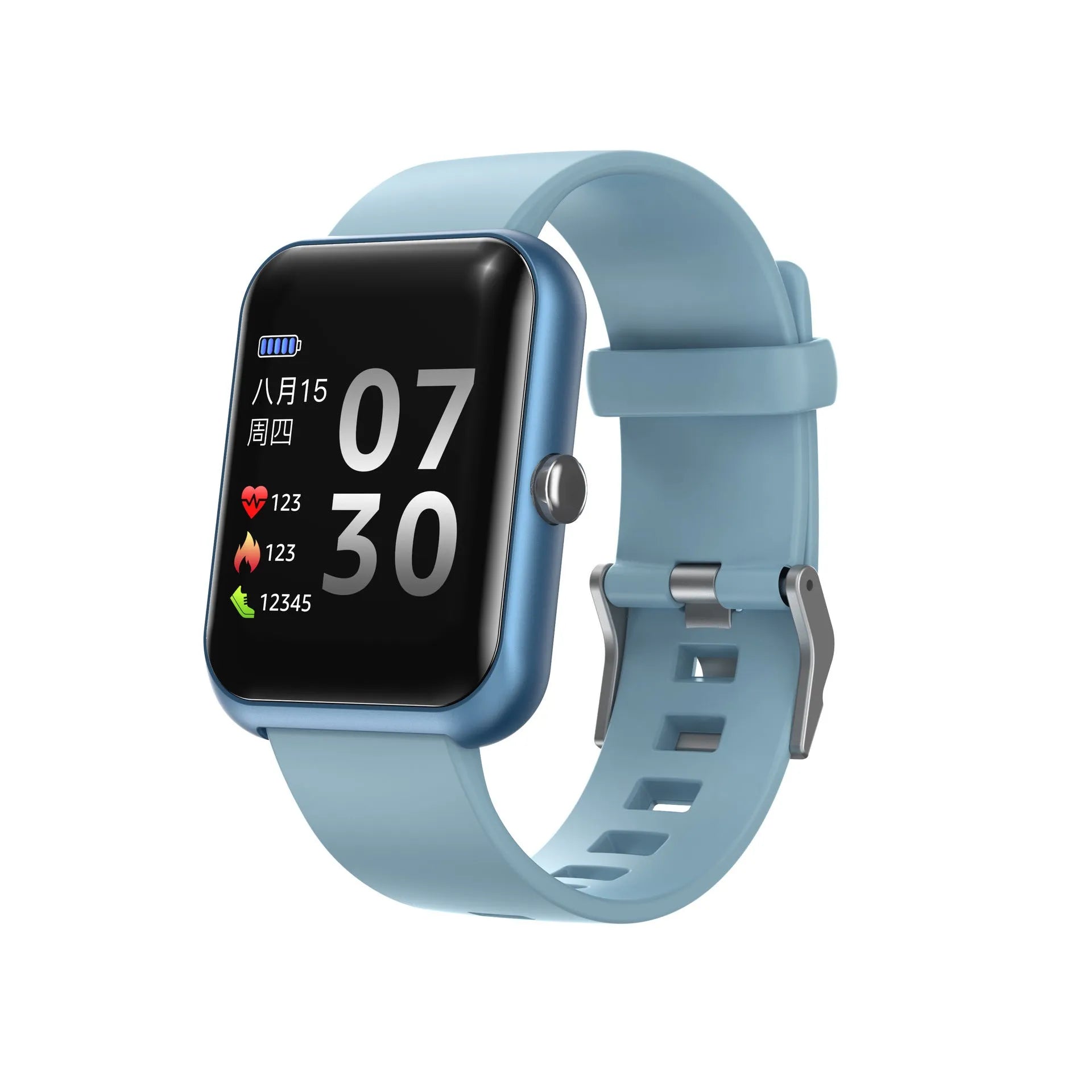 Square couple smart sports watch with a silicone strap on a wrist, showing Bluetooth connectivity.