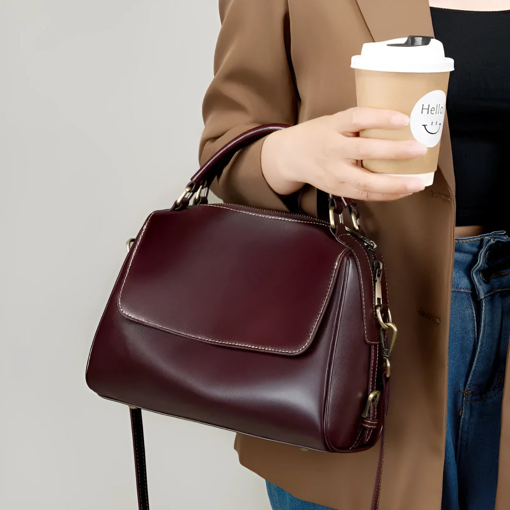 Women's genuine leather crossbody tote bag in cross-square shape with internal compartments and double shoulder straps