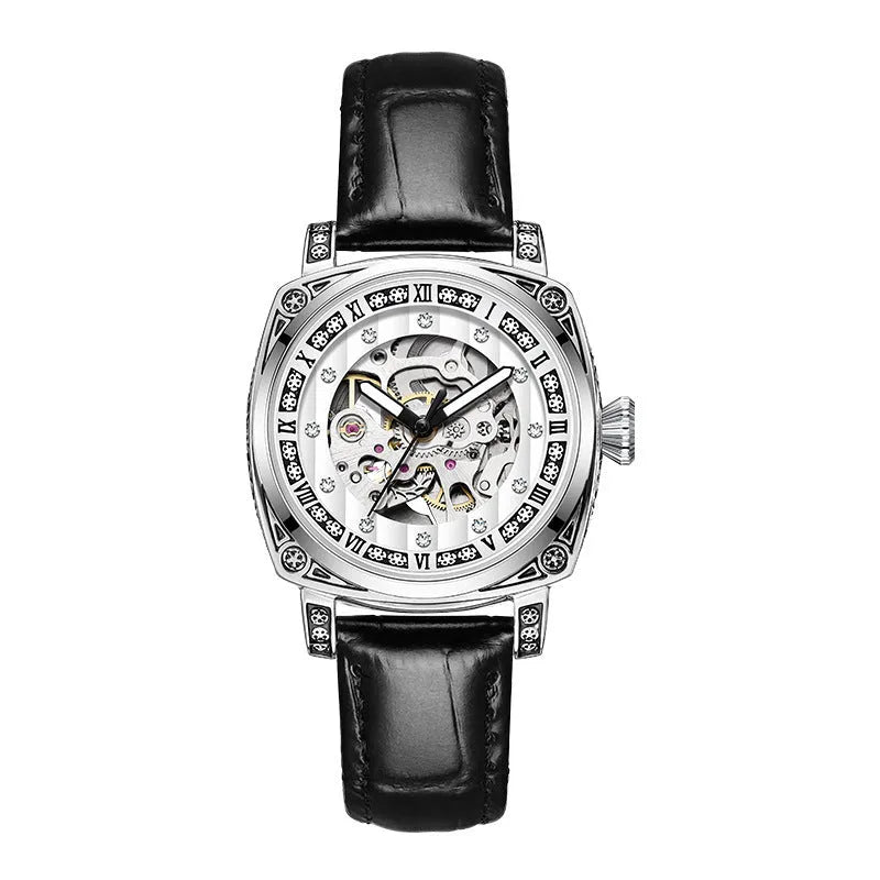 Men's black dial mechanical watch with luminous hands on a leather strap, showing 10m waterproof rating.