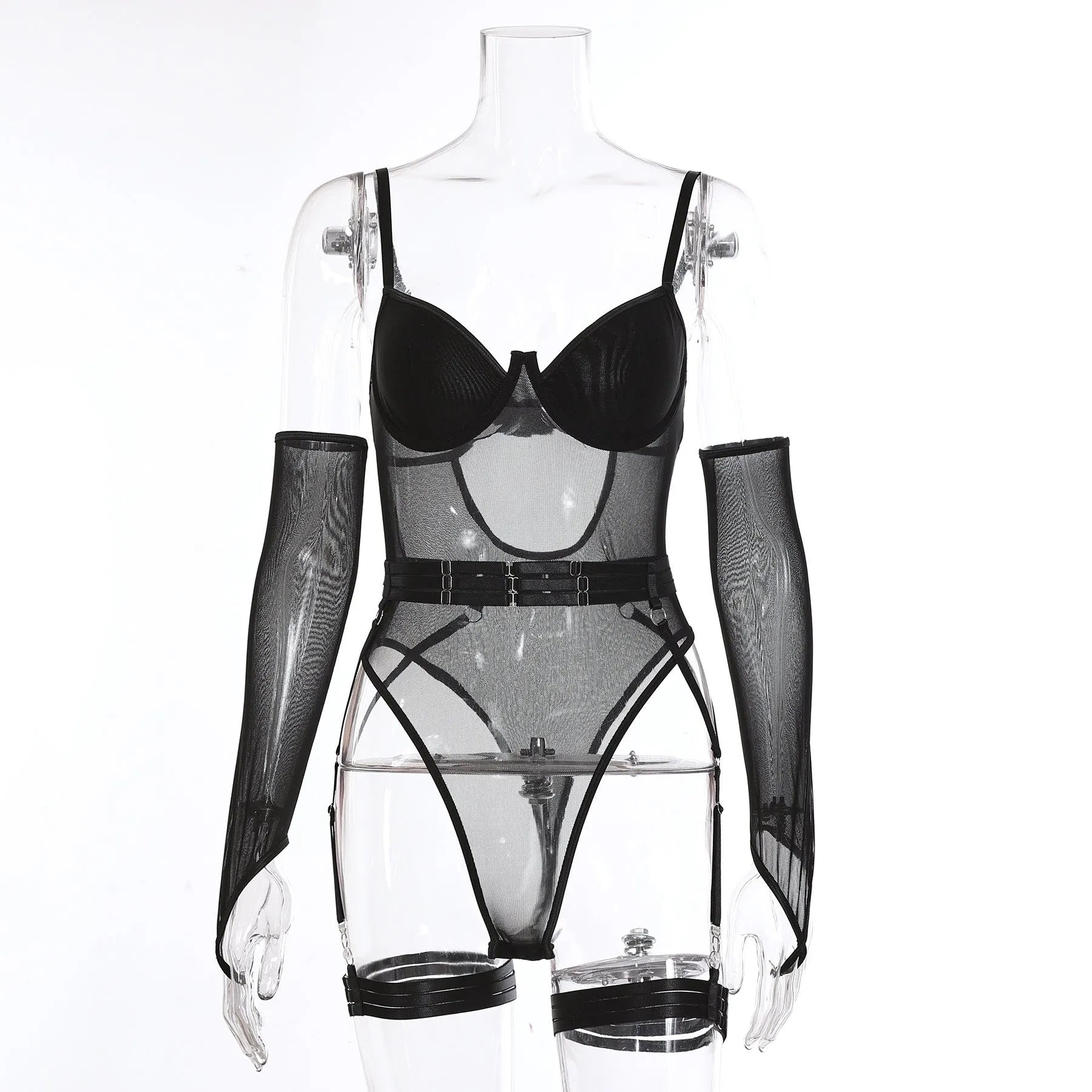 Women's black see-through mesh jumpsuit laid flat, showing its tights-like silhouette and texture.