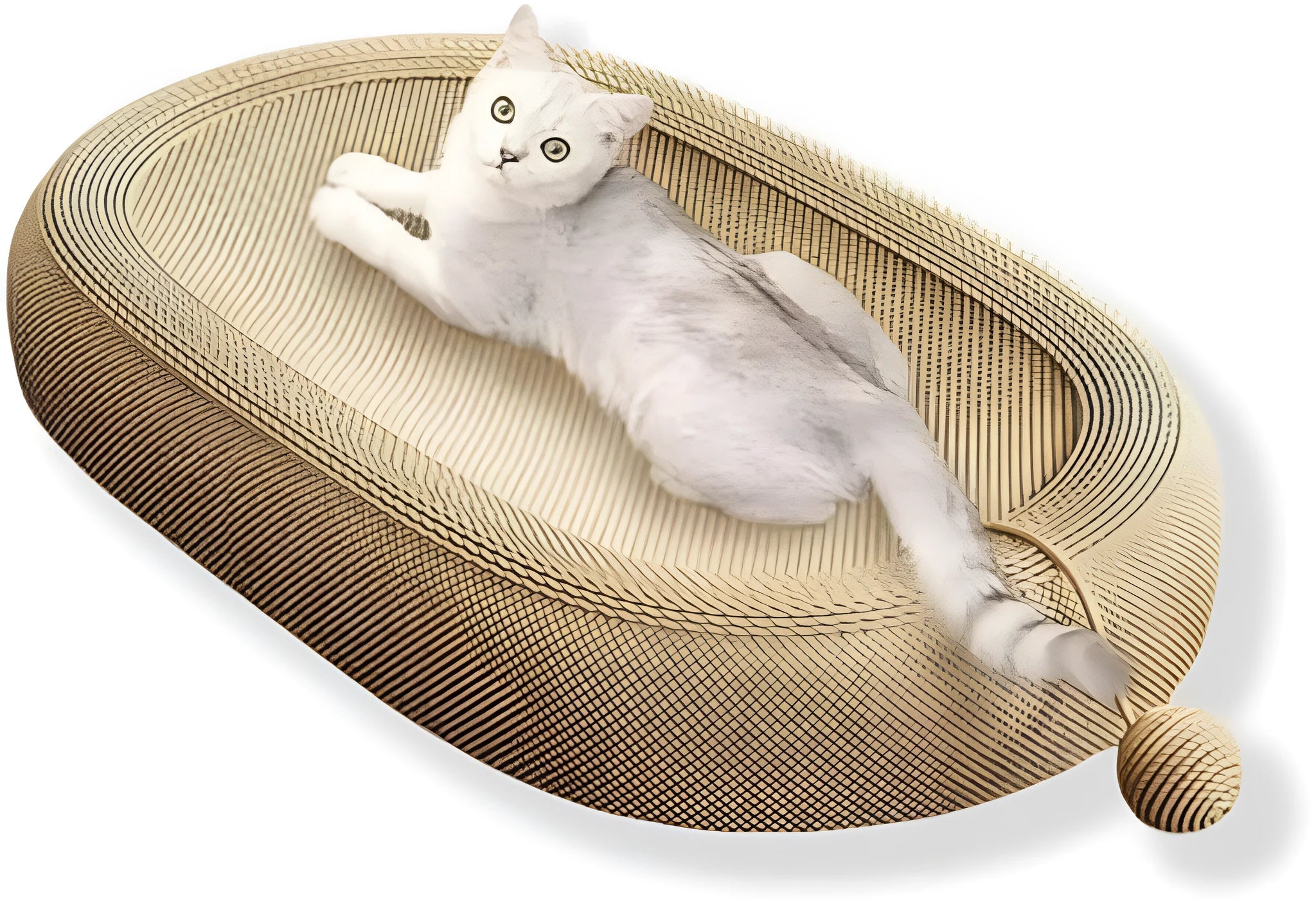 Large natural sisal cat scratching board with a built-in raised lounging bed for cats.